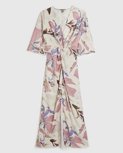 Pink Satin Floral Twist Front Midi Dress