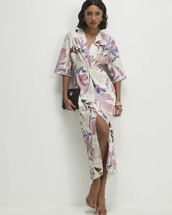 Pink Satin Floral Twist Front Midi Dress