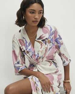 Pink Satin Floral Twist Front Midi Dress