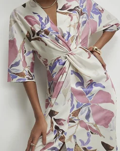 Pink Satin Floral Twist Front Midi Dress