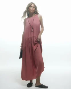 Pink Satin Sleeveless Halter Neck Midi Dress