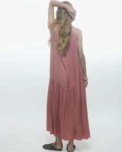 Pink Satin Sleeveless Halter Neck Midi Dress