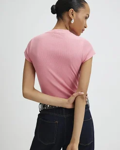 Pink Short Sleeve Fitted Ribbed Top