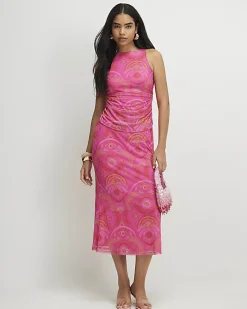 Pink Sleeveless Drape Midi Dress