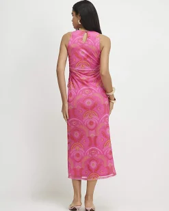 Pink Sleeveless Drape Midi Dress