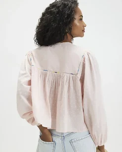 Pink Tropical Embroidered Smock Blouse