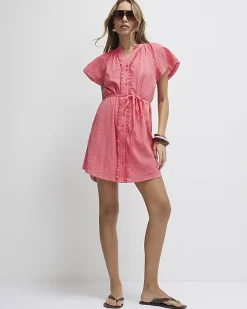 Pink V Neck Short Sleeve Frill Mini Dress