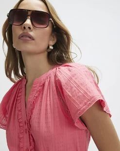Pink V Neck Short Sleeve Frill Mini Dress