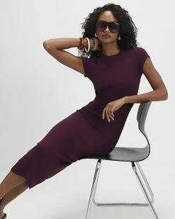 Purple Cap Sleeve Ribbed Midi Dress