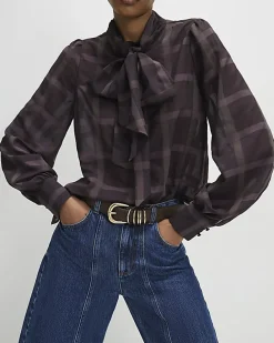 Purple Check Print Pussybow Blouse