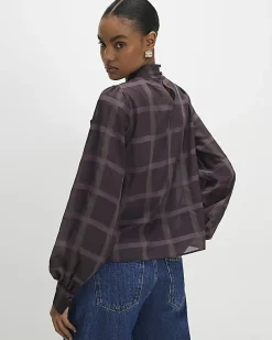 Purple Check Print Pussybow Blouse