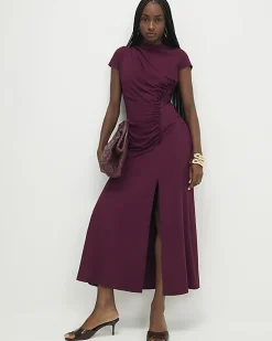 Purple Short Sleeve High Neck Maxi Dress