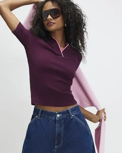 Purple Short Sleeve Ribbed Polo Top