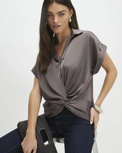 Purple Short Sleeve Wrap Front Blouse