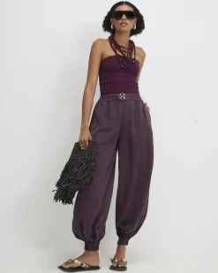 Red Belted Cuffed Hem Barrel Leg Jeans