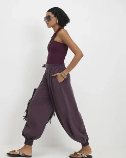 Red Belted Cuffed Hem Barrel Leg Jeans
