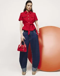Red Boucle Collared Belted Top