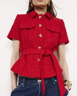 Red Boucle Collared Belted Top