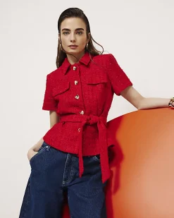 Red Boucle Collared Belted Top