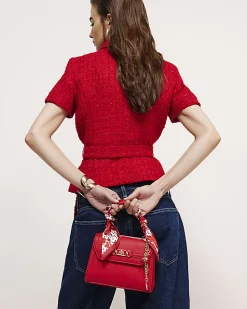 Red Boucle Collared Belted Top