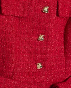 Red Boucle Collared Belted Top