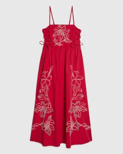 Red Cotton Broderie Tie Side Midi Dress