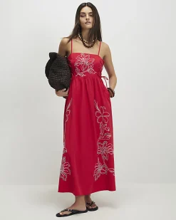 Red Cotton Broderie Tie Side Midi Dress