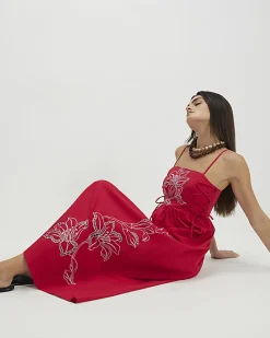 Red Cotton Broderie Tie Side Midi Dress