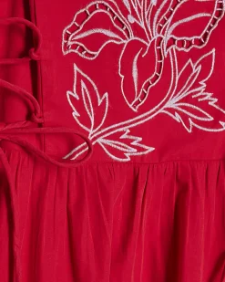 Red Cotton Broderie Tie Side Midi Dress