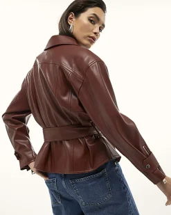 Red Faux Leather Belted Jacket