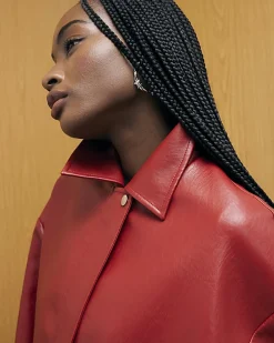 Red Faux Leather Bomber Jacket