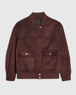 Red Faux Suede Classic Bomber Jacket