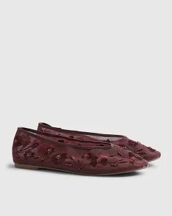 Red Floral Embroidered Mesh Ballet Pumps