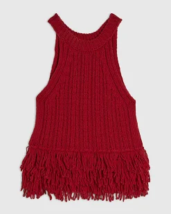 Red Knitted Fringe Trim Vest Top