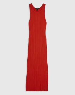 Red Knitted Racer Neck Ribbed Midi Dress