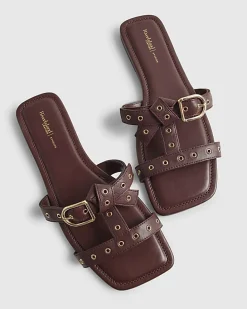 Red Leather T Bar Buckle Sandals