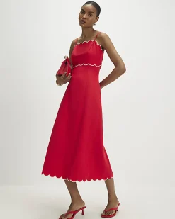 Red Linen Blend Scallop Trim Midi Dress