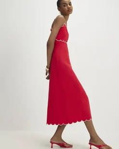 Red Linen Blend Scallop Trim Midi Dress
