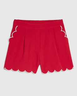 Red Linen Blend Scallop Trim Shorts