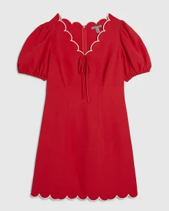 Red Linen Blend Scallop V Neck Dress