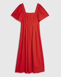 Red Linen Blend Shirred Midi Dress