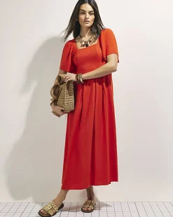 Red Linen Blend Shirred Midi Dress