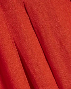 Red Linen Blend Shirred Midi Dress