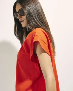 Red Linen Blend Tie Neck Top