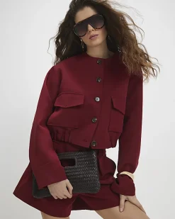 Red Long Sleeve Pocket Detail Bomber Jacket