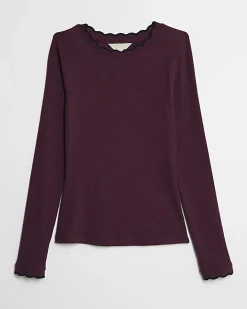 Red Long Sleeve Scallop Trim Top