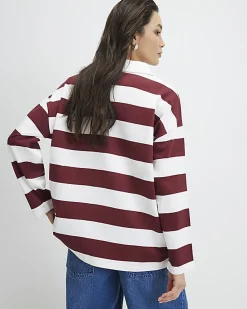 Red Long Sleeve Striped Rugby Top