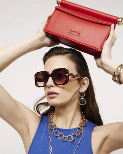 Red Metal Handle Foldover Clutch Bag