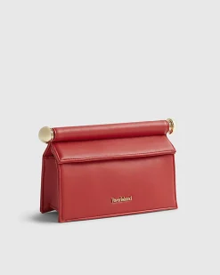 Red Metal Handle Foldover Clutch Bag