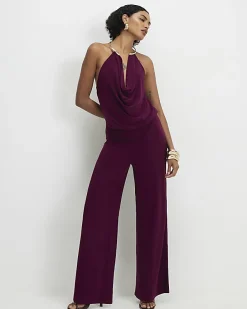 Red Metal Trim Cowl Neck Jumpsuit